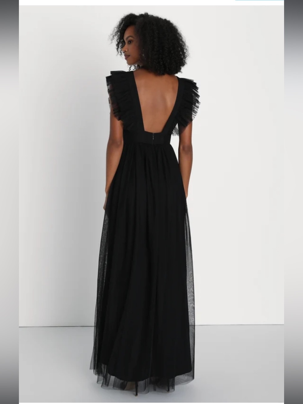 NWT- Simply Delighted Black Mesh Ruffled Backless Maxi Dress - Picture 4 of 15